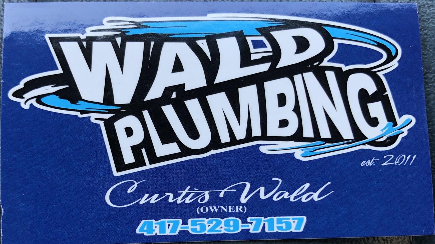 The Wald Plumbing decal: the wordmark on deep blue, with est. 2011, Curtis Wald owner, and the phone number